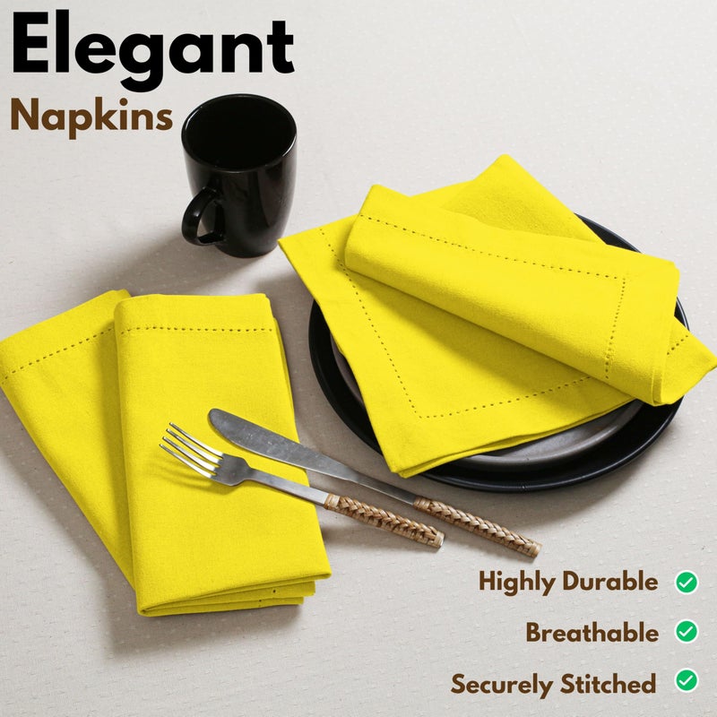 Native Fab Yellow Cloth Napkins, 100% Cotton, Set of 12, Hemstitch Corners, 18x18 inch, Soft, Durable, Reusable, Premium Hotel Quality - Events, Wedding, Table, Dinner Napkins - Lemon Yellow - Image 2